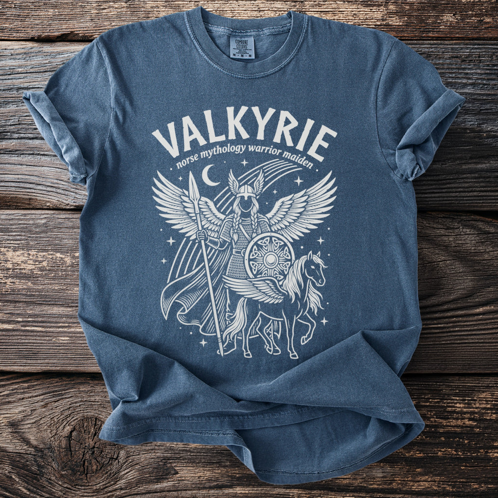 Valkyrie Norse mythology warrior maiden graphic on a blue t-shirt.