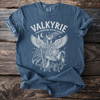 Valkyrie Norse mythology warrior maiden graphic on a blue t-shirt.