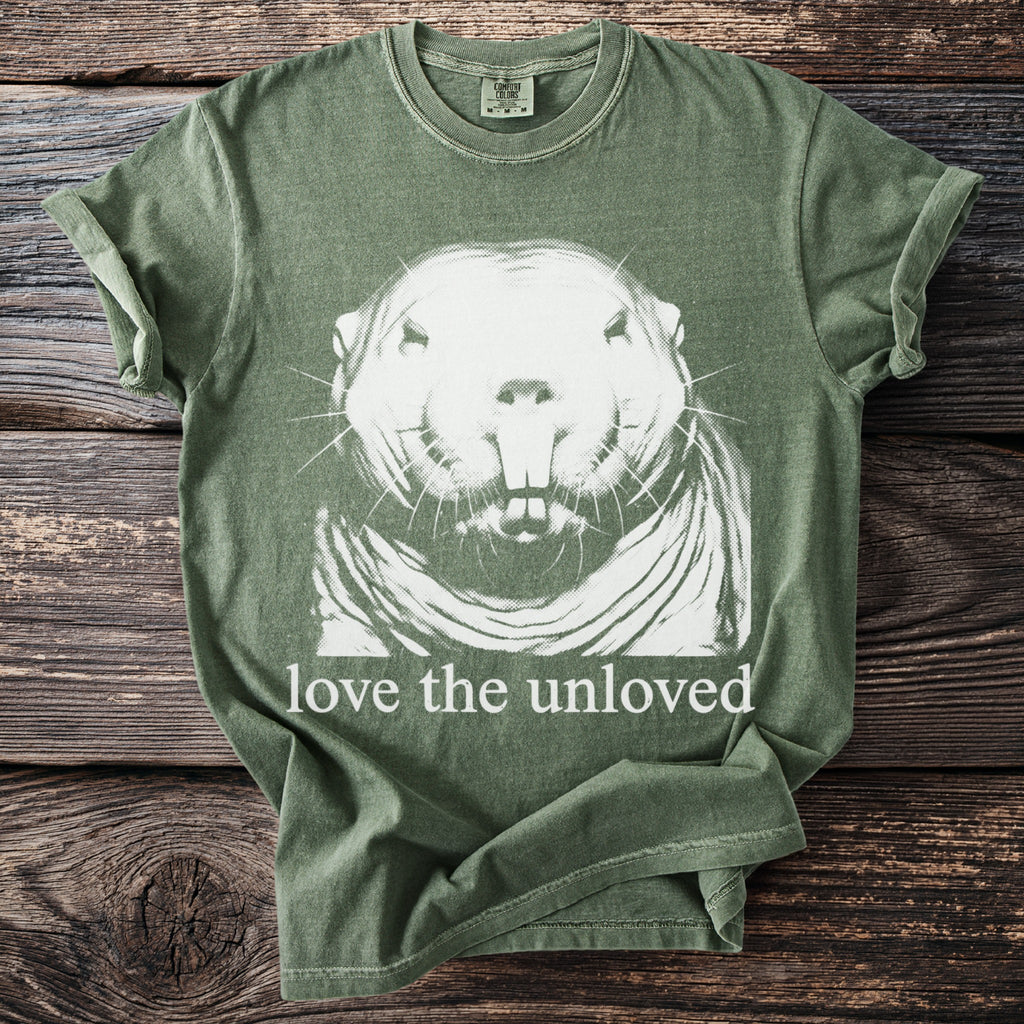 Green t-shirt with white gopher graphic and text "love the unloved".