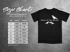 Comfort Colors 1717 heavyweight adult tee size chart with "scene of the murder" graphic.