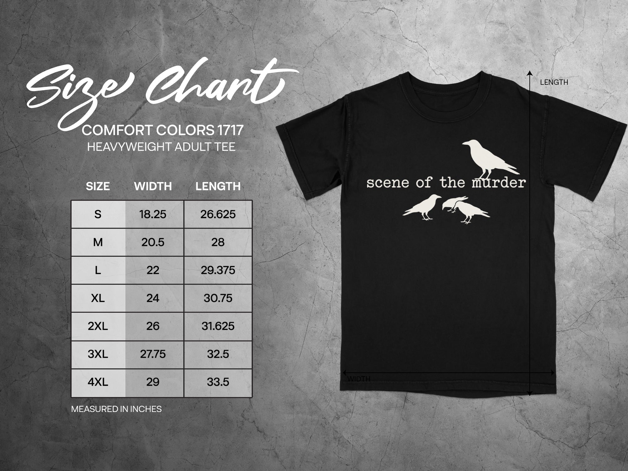 Comfort Colors 1717 heavyweight adult tee size chart with "scene of the murder" graphic.