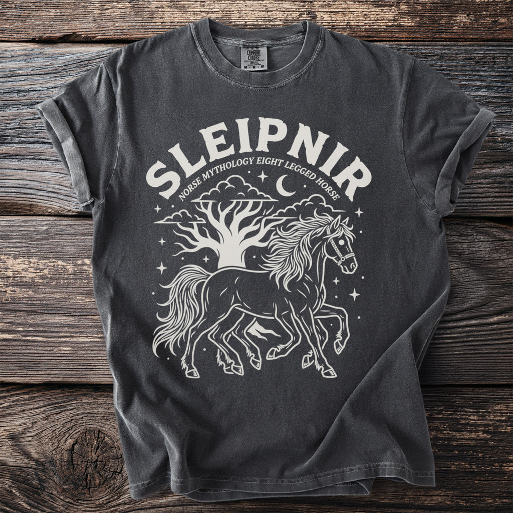 Dark gray t-shirt with white print of Sleipnir, the Norse mythology eight-legged horse, under a tree.