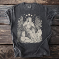 Dark gray t-shirt with woman, cats, and floral design.