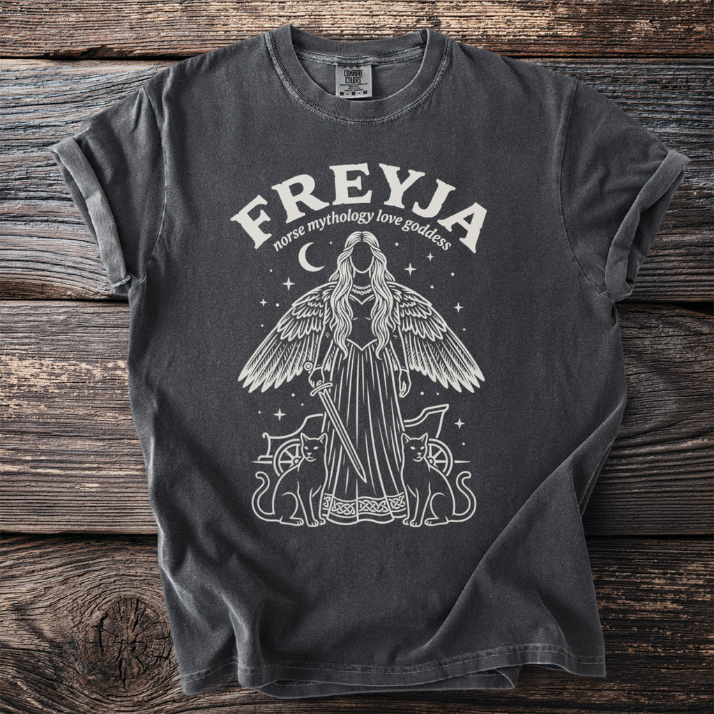 Grey t-shirt with "FREYJA norse mythology love goddess" text and winged figure with cats.