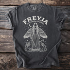 Grey t-shirt with "FREYJA norse mythology love goddess" text and winged figure with cats.