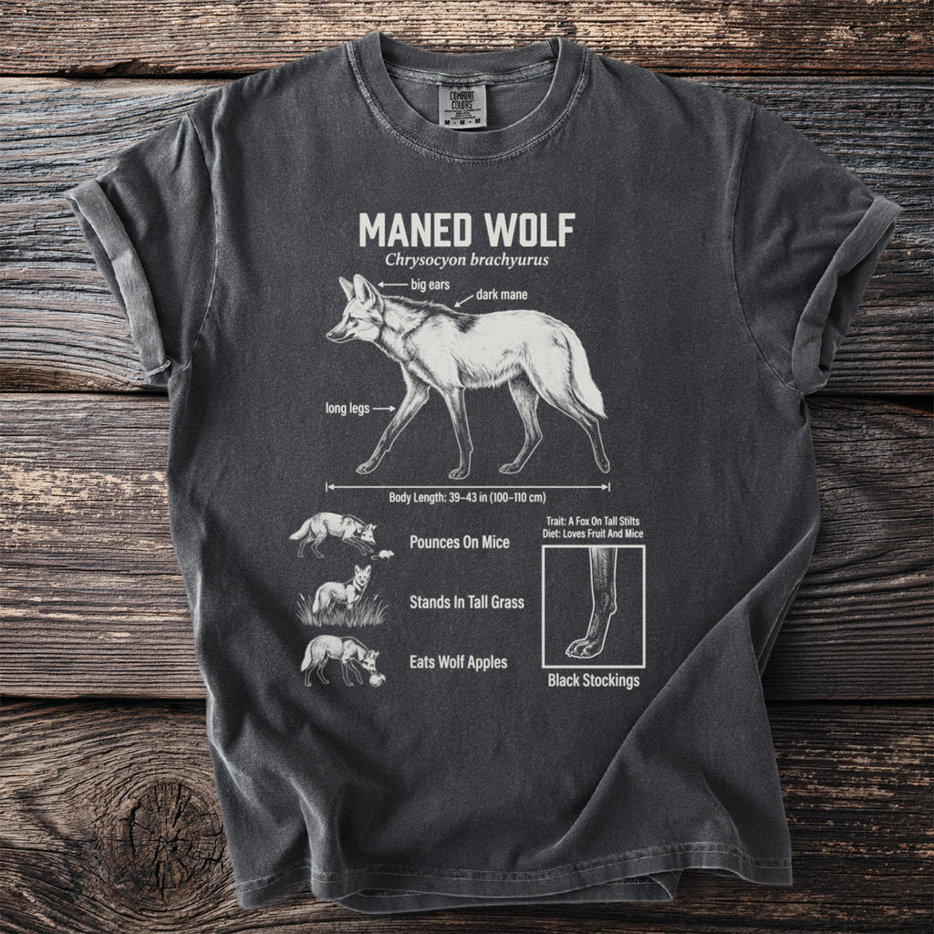 T-shirt with diagram of a maned wolf and its characteristics.