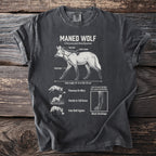 T-shirt with diagram of a maned wolf and its characteristics.