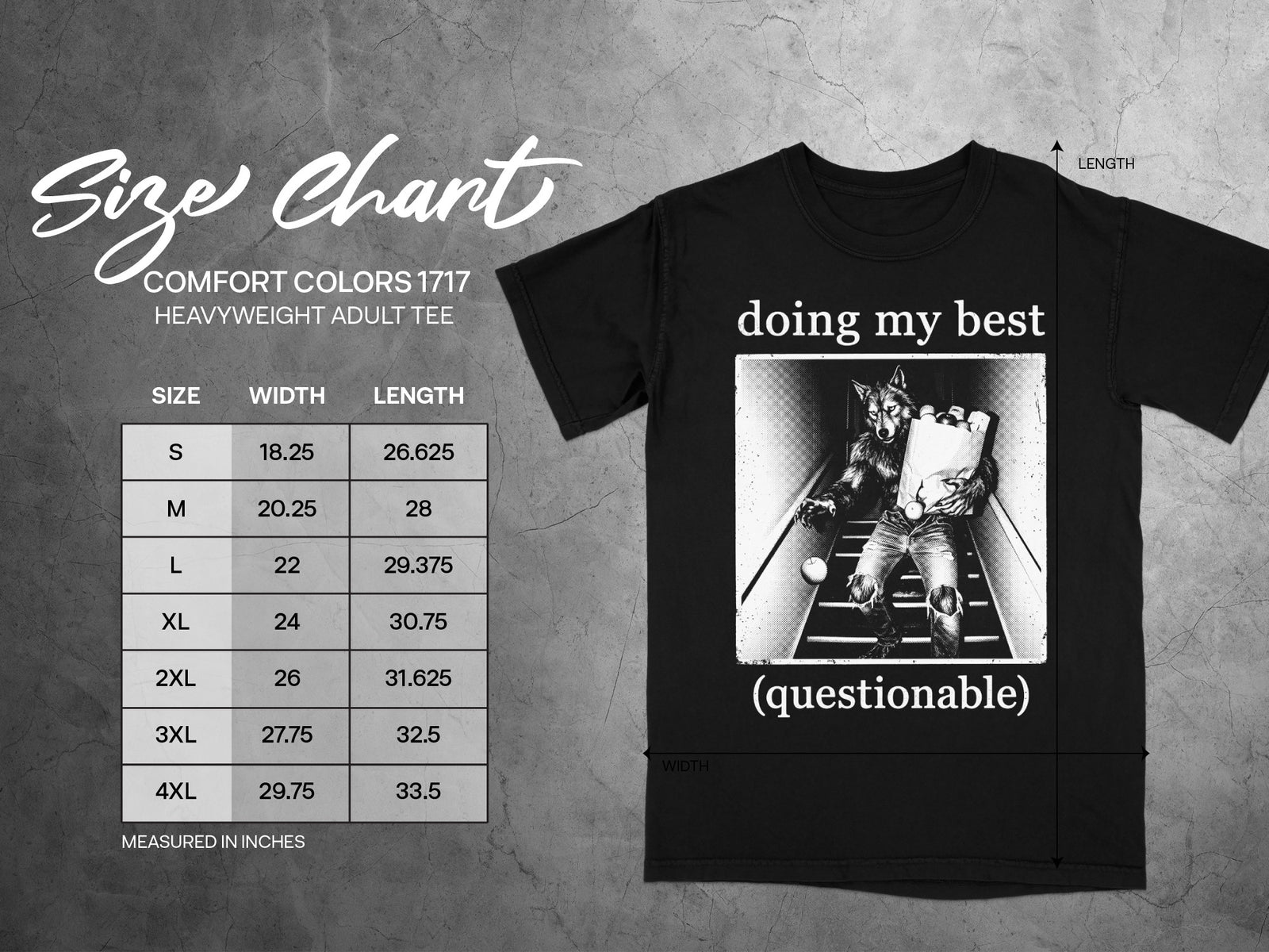 Black t-shirt with "doing my best (questionable)" graphic and size chart.