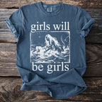 Blue t-shirt with "girls will be girls" text and a mermaid illustration.