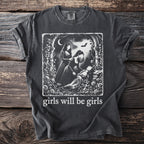 Dark t-shirt with gothic illustration and text "girls will be girls."
