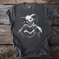 Dark grey t-shirt featuring Krampus making a heart shape with chains.