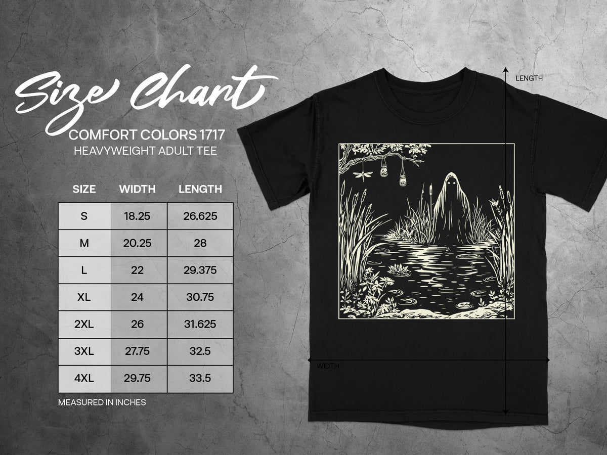 Comfort Colors 1717 heavyweight adult tee size chart with width and length measurements in inches.