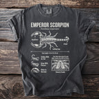 Dark grey t-shirt with Emperor Scorpion diagram and facts about Pandinus imperator.