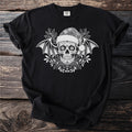 Black t-shirt with a white sugar skull wearing a Santa hat and bat wings.