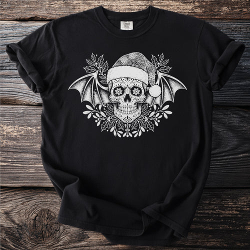 Black t-shirt with a white sugar skull wearing a Santa hat and bat wings.