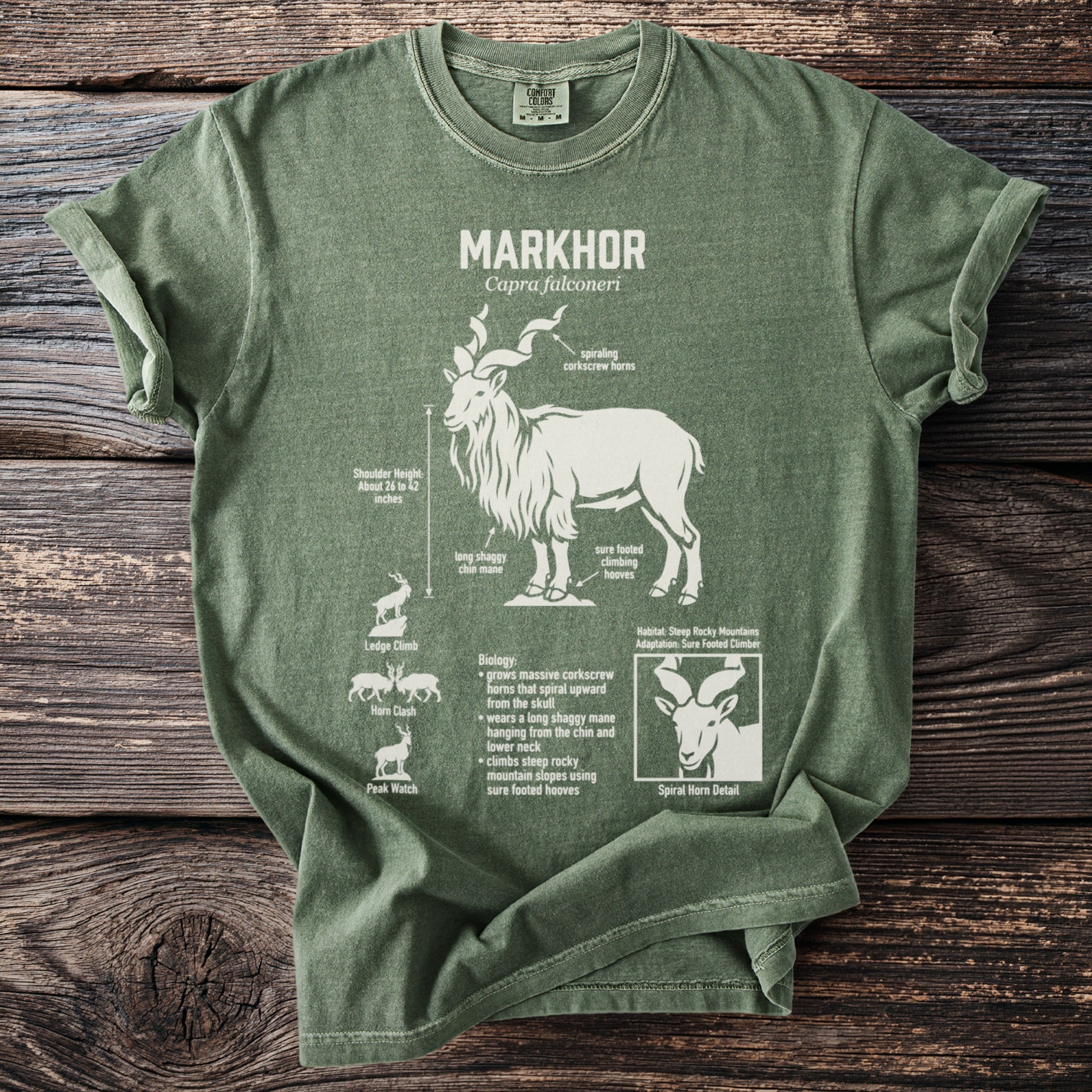 Green Comfort Colors t-shirt with Markhor diagram, anatomy, and biology.
