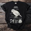 Black t-shirt featuring a scientific illustration of a Kakapo parrot with labels.