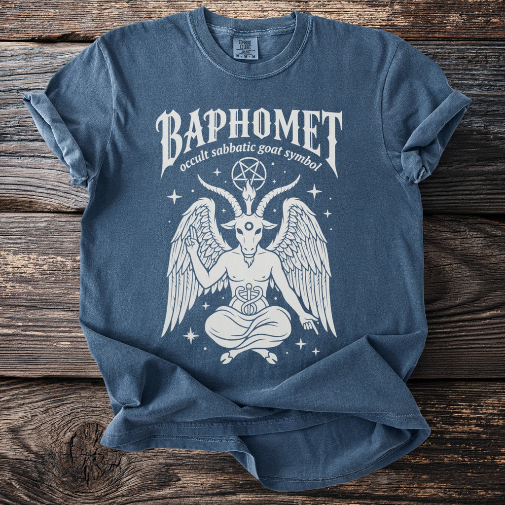 Blue t-shirt with white Baphomet occult symbol graphic and text.