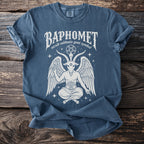 Blue t-shirt with white Baphomet occult symbol graphic and text.
