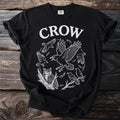 Black t-shirt with "CROW" text and a circular design of crows and an owl.
