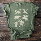Green t-shirt with "The Celestial Atlas" design featuring five constellations.