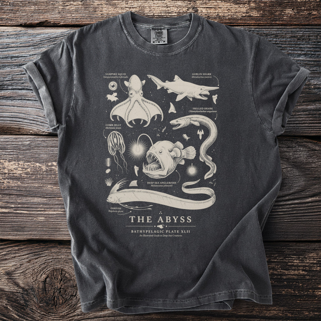 T-shirt with illustrations of deep-sea creatures and text "The Abyss" and "Bathypelagic Plate XLII".
