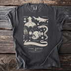 T-shirt with illustrations of deep-sea creatures and text "The Abyss" and "Bathypelagic Plate XLII".