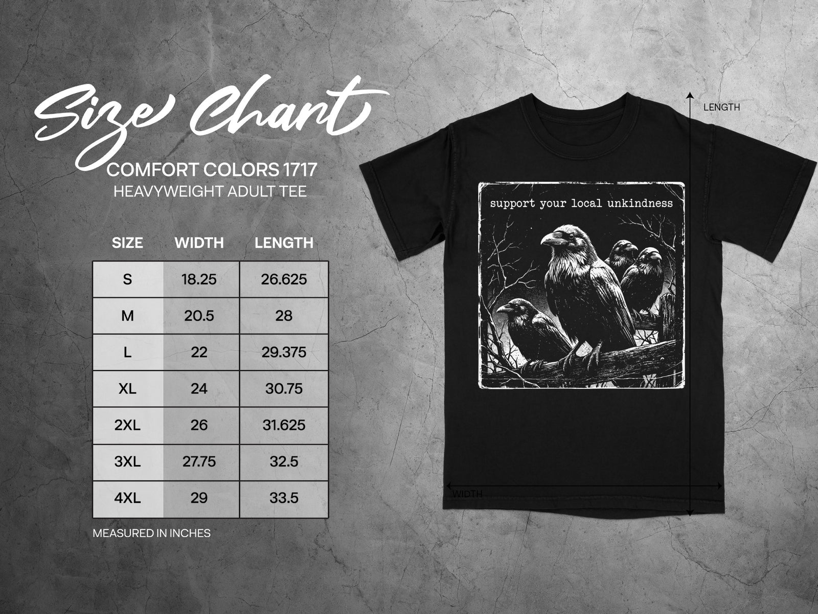 Black t-shirt with crow graphic and text "support your local unkindness". Size chart shown.