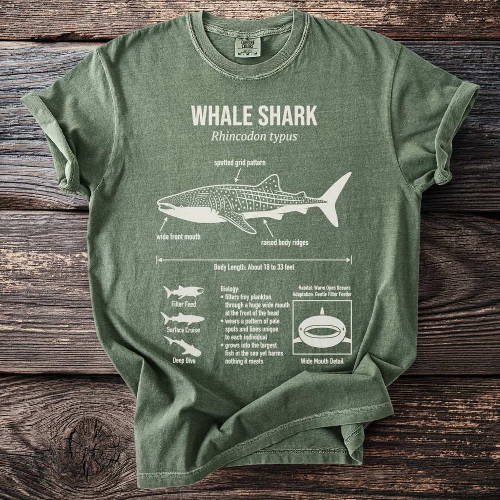 Green t-shirt with whale shark graphic and informational text.