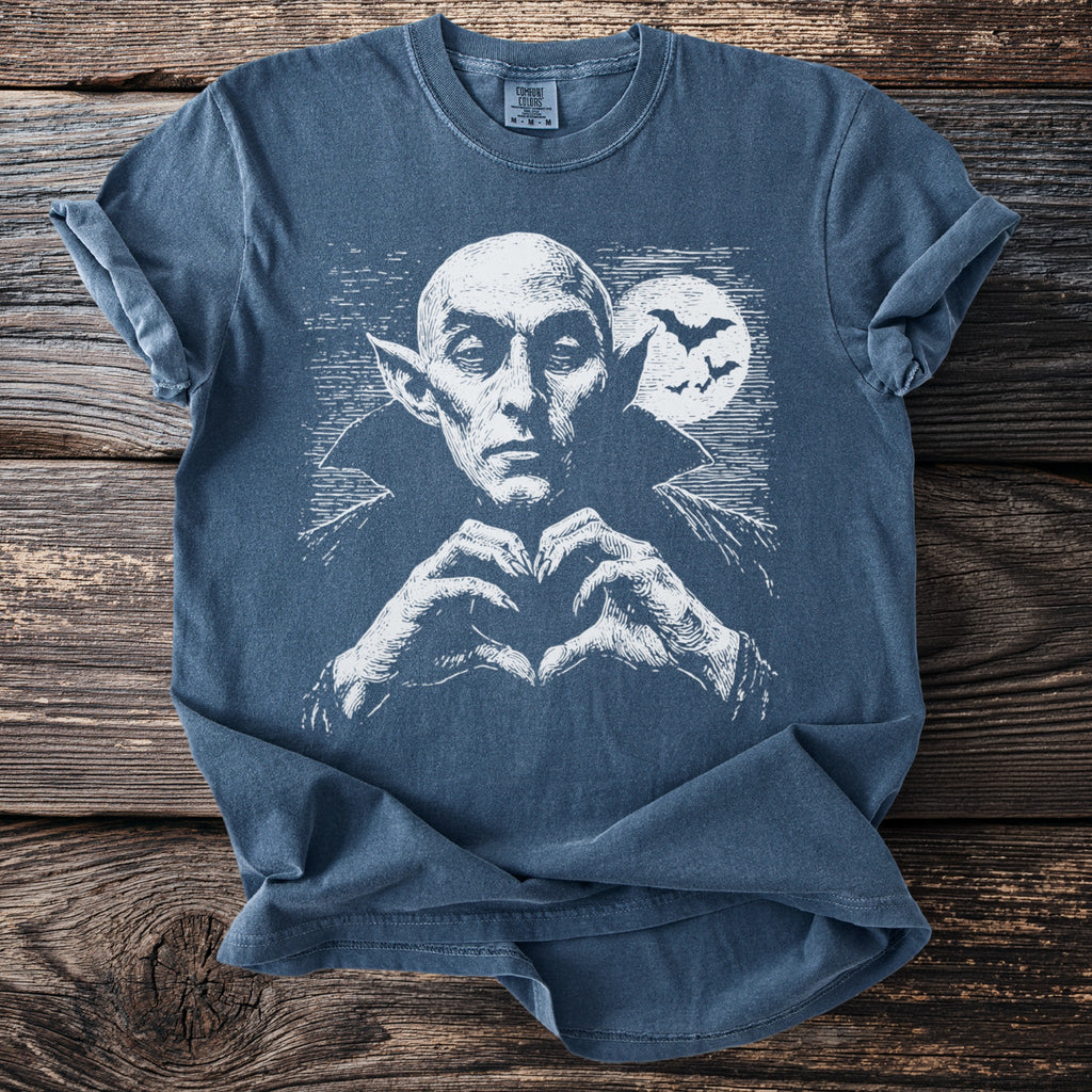 Dracula shirt with a heart made by hands, bats and full moon.