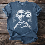 Dracula shirt with a heart made by hands, bats and full moon.