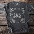 Dark grey t-shirt with "respect the locals" text and celestial nature graphics.