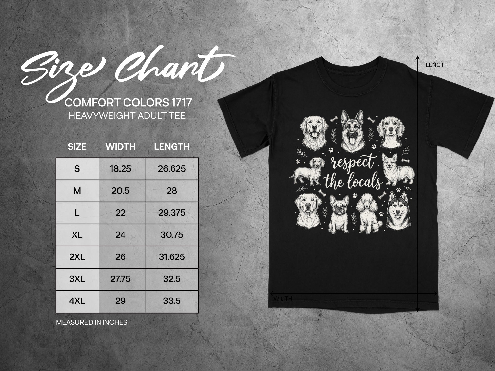 Size chart for Comfort Colors 1717 heavyweight adult tee with dog graphic.