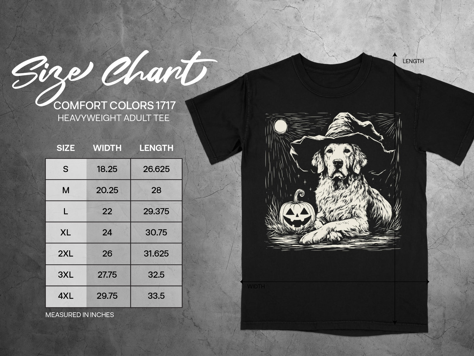 Comfort Colors 1717 size chart for heavyweight adult tees with dog graphic.