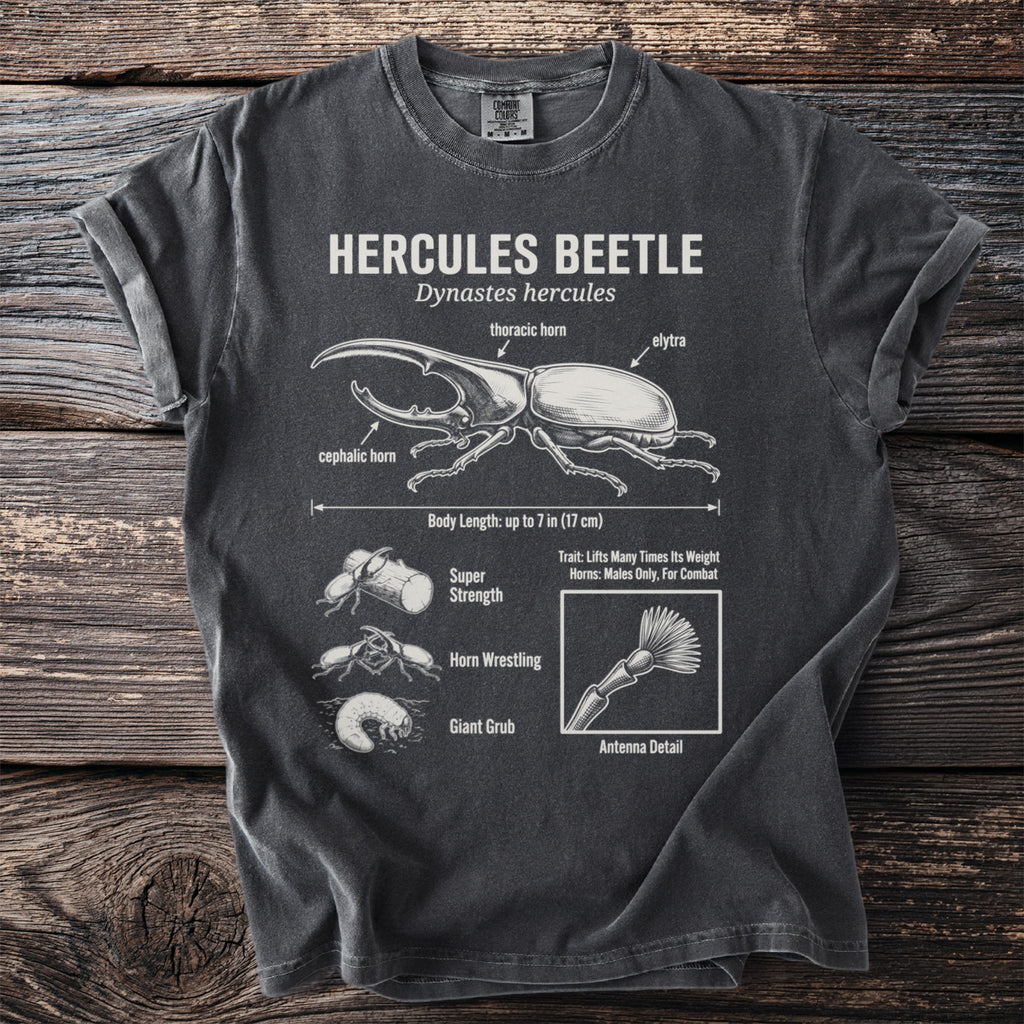 T-shirt featuring a detailed illustration and features of a Hercules beetle.