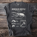 T-shirt featuring a detailed illustration and features of a Hercules beetle.