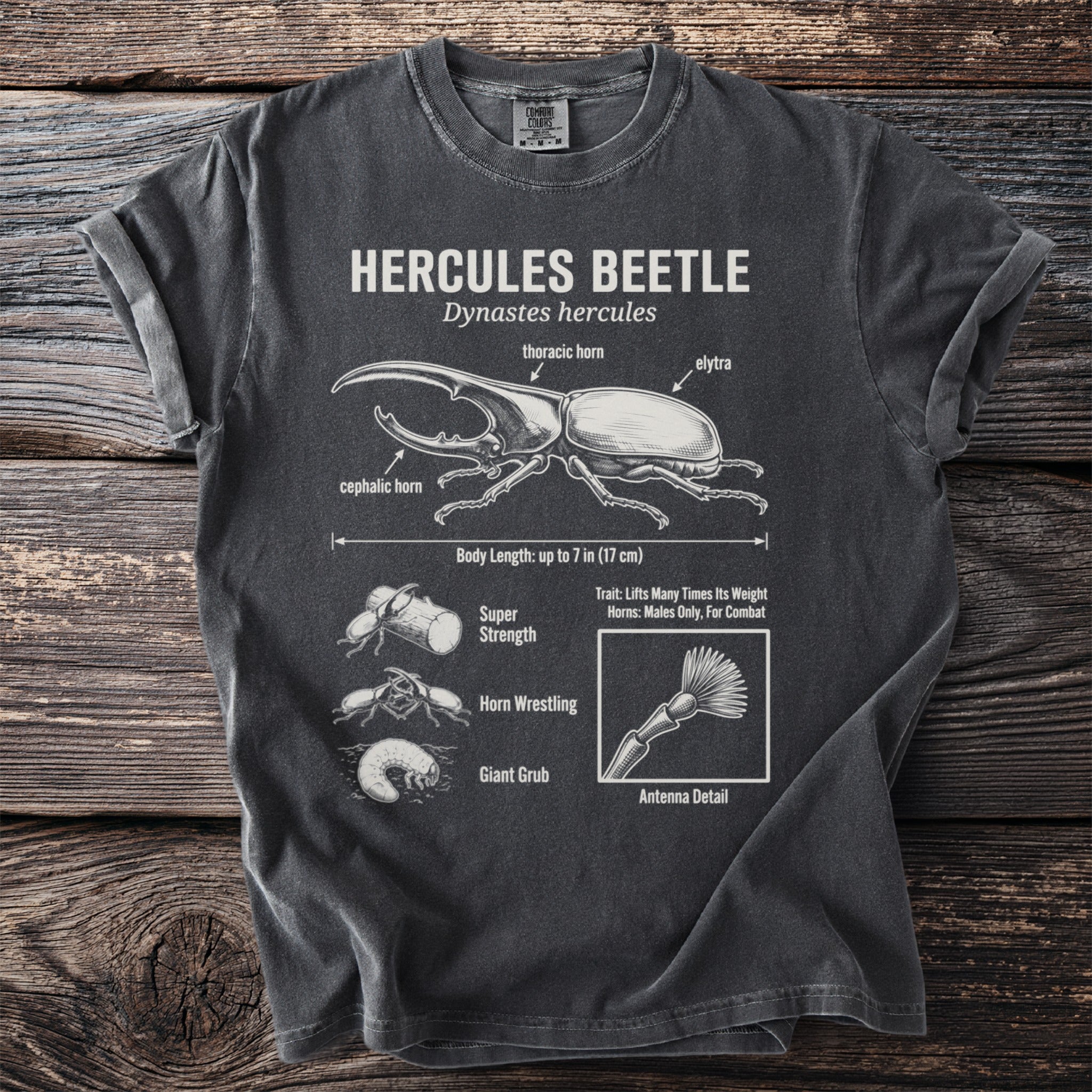 T-shirt featuring a detailed illustration and features of a Hercules beetle.