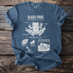 Blue t-shirt featuring a diagram of a glass frog with its anatomy and life cycle.