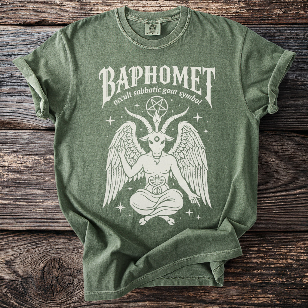 Olive green t-shirt with white graphic of Baphomet, pentagram, and text.