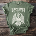 Olive green t-shirt with white graphic of Baphomet, pentagram, and text.