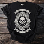Black t-shirt with a black and white skull, crossbones, and botanical design with text.