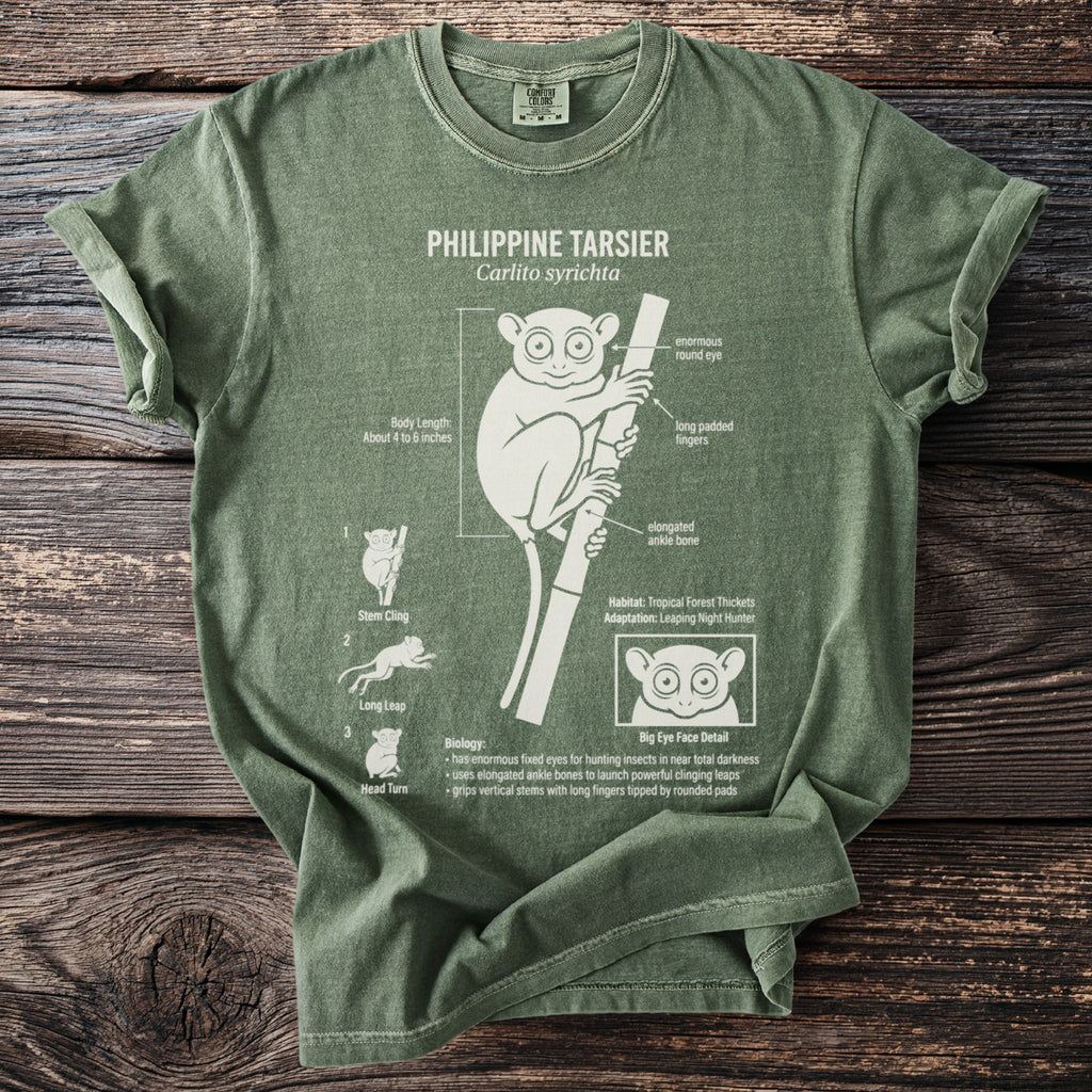 Philippine Tarsier t-shirt with scientific facts and illustrations.