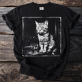 Black t-shirt with a distressed graphic of a cat sitting next to a glass of ice.