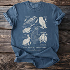 Blue t-shirt with "The Witch's Familiars" print featuring a cat, raven, owl, toad, hare, and bat.
