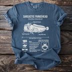 Blue t-shirt with white text and illustration of a Sarcastic Fringehead fish.