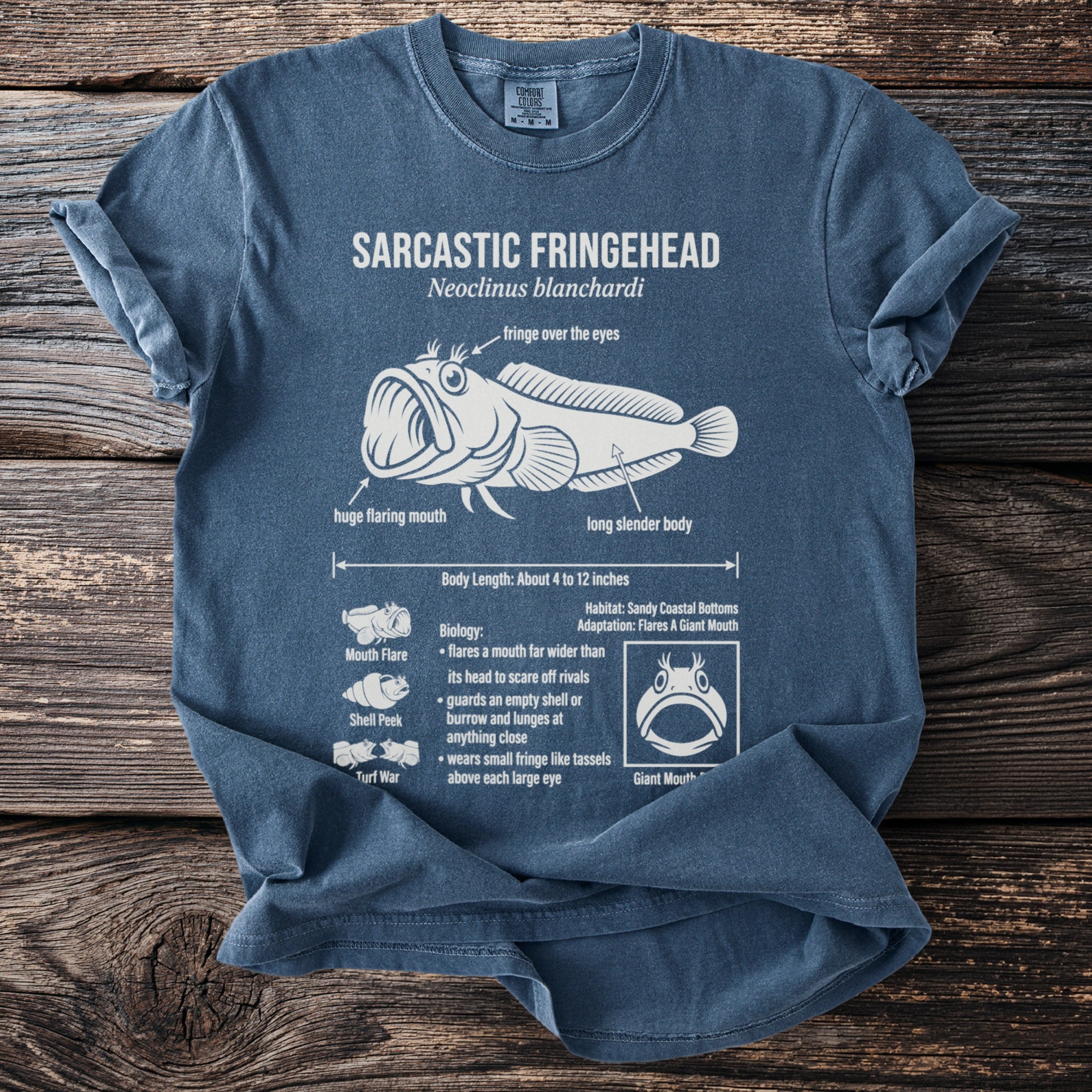 Blue t-shirt with white text and illustration of a Sarcastic Fringehead fish.