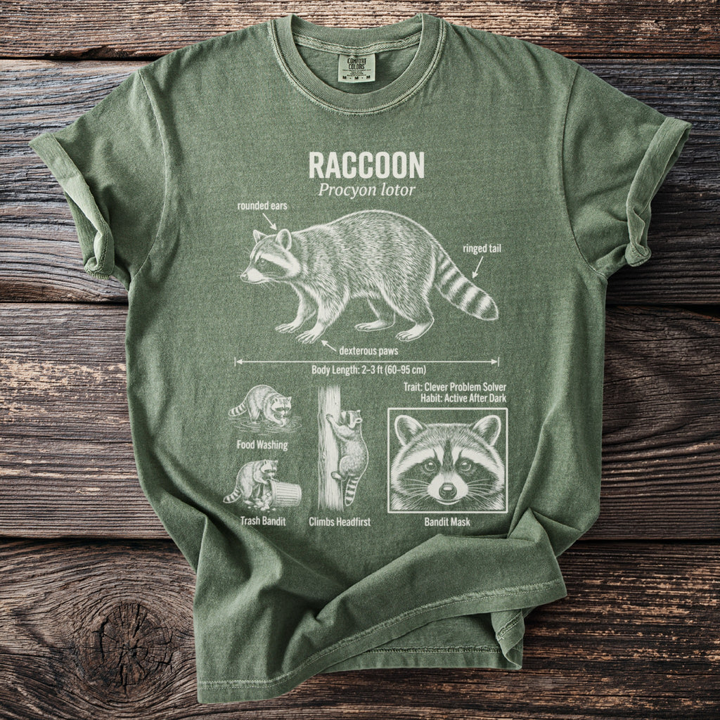Green t-shirt with a detailed raccoon illustration and text about its features.