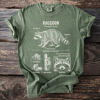 Green t-shirt with a detailed raccoon illustration and text about its features.