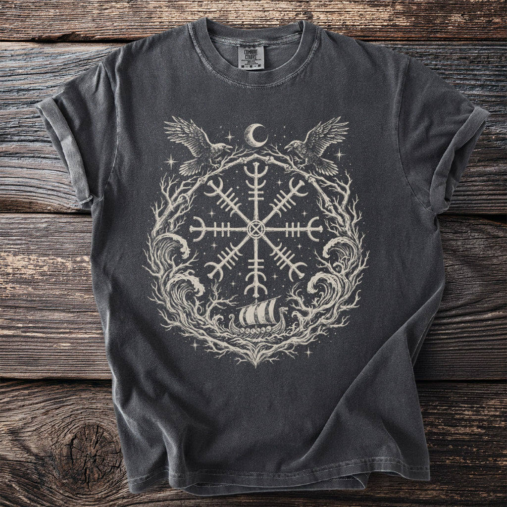 Dark grey t-shirt with a circular Norse design featuring ravens, moon, and a Viking ship.