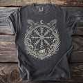 Dark grey t-shirt with a circular Norse design featuring ravens, moon, and a Viking ship.